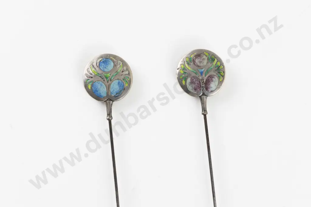 Two Edwardian Near Matched S/S and Enamel Hat Pins Image 1++