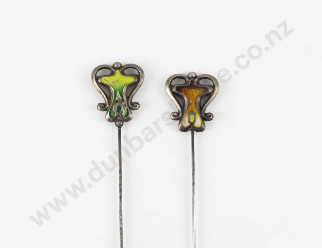 Two Edwardian Near Matched S/S and Enamel Hat Pins Image 1++