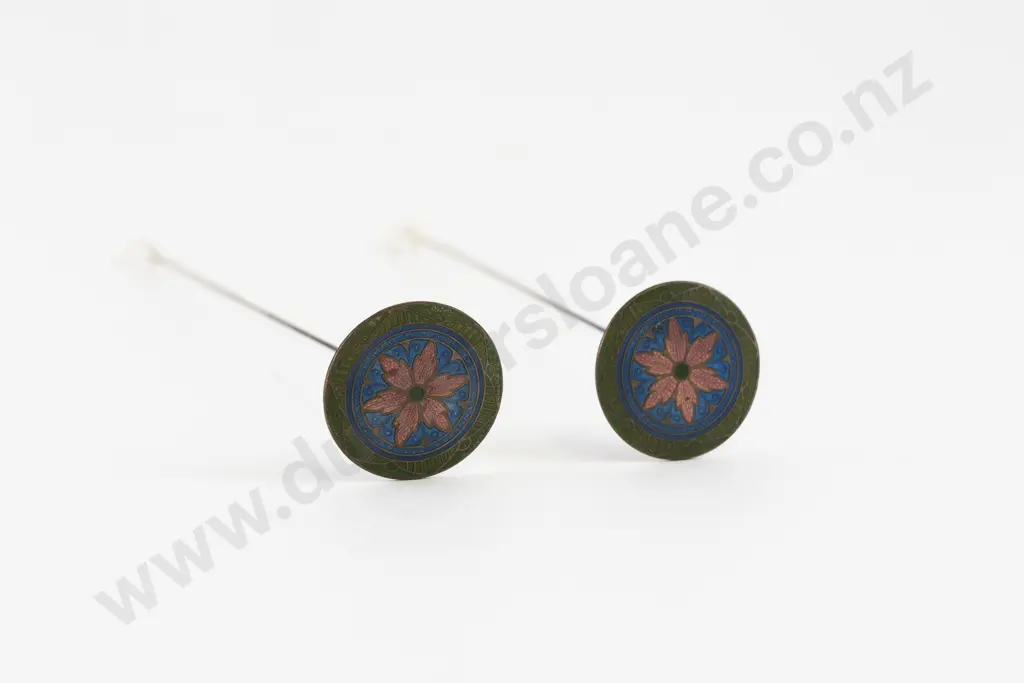 Pair Art Nouveau Czechoslovakian Enamel Hat Pins Image 1++