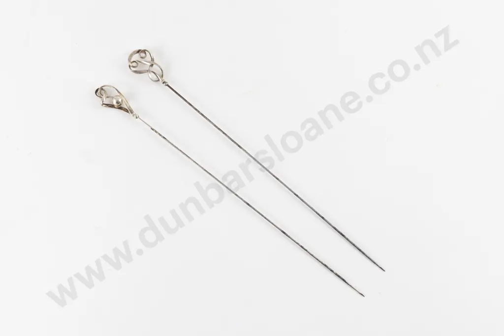 Two Edwardian S/S Ball and Scroll Finial Hat Pin Image 1++