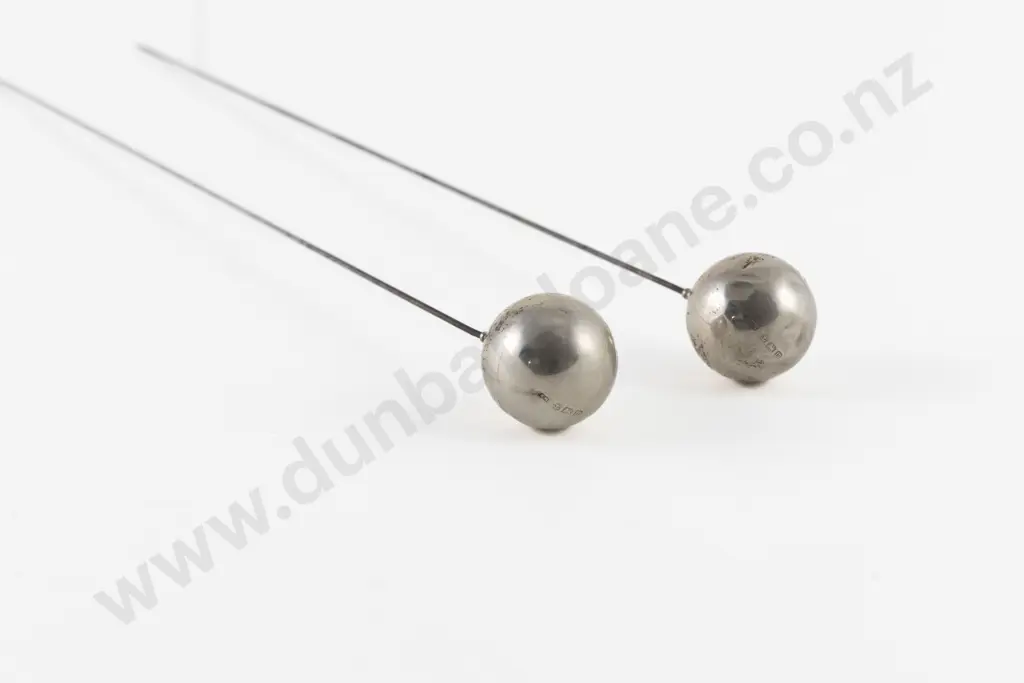 Pair Edwardian S/S Large Ball Finial Hat Pins Image 1++