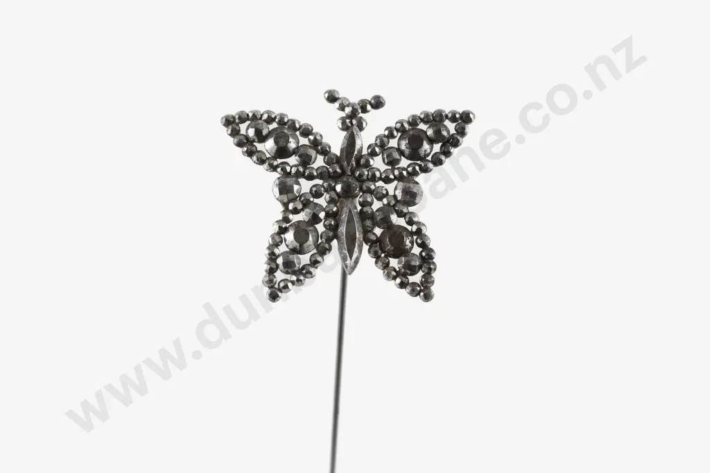 Late Victorian Cut Steel Butterfly Finial Hat Pin Image 1++
