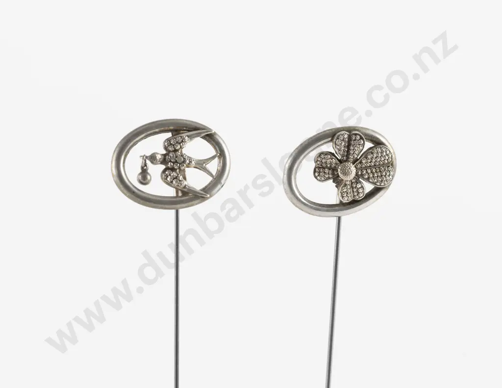 Two Art Nouveau Silver Swallow and Shamrock Finial Hat Pins Image 1++
