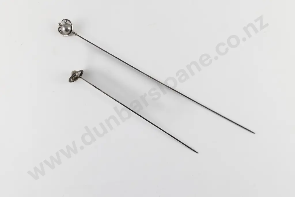 Two Edwardian S/S Scroll and Ball Finial Stick Pins Image 1++