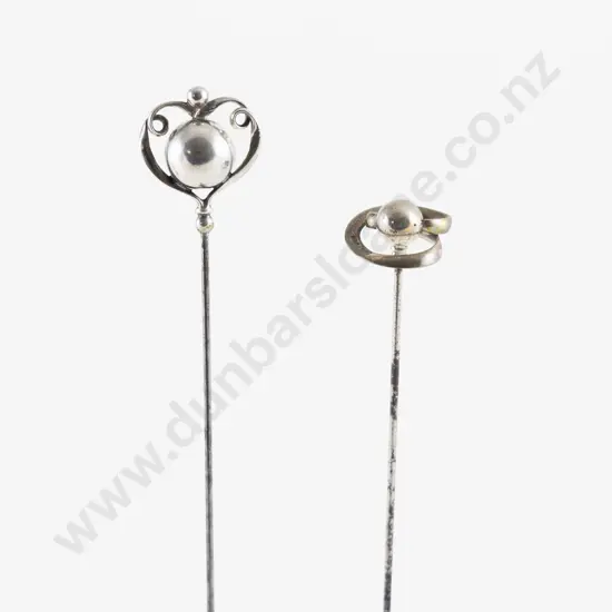 Two Edwardian S/S Scroll and Ball Finial Stick Pins