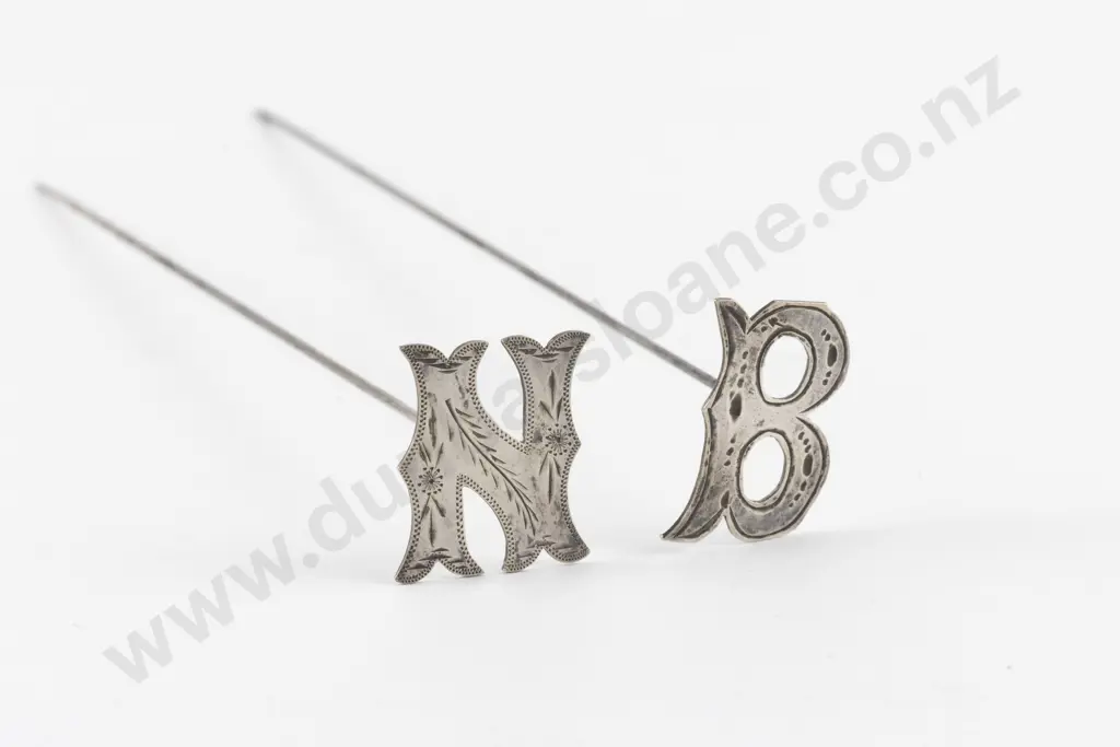 Two Edwardian Unmarked Silver Initial B and N Head Hat Pins Image 1++
