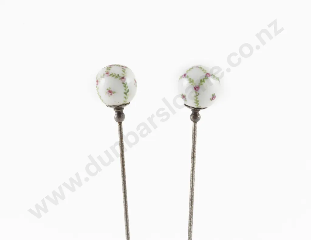 Pair Late Victorian China Floral Painted Ball Hat Pins Image 1++