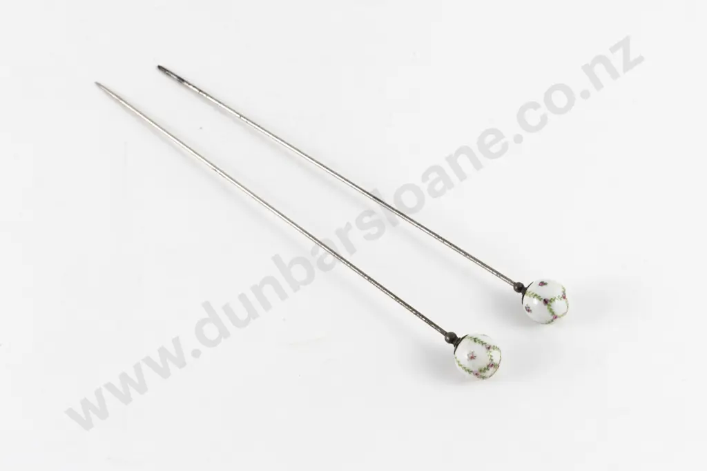 Pair Late Victorian China Floral Painted Ball Hat Pins Image 1++