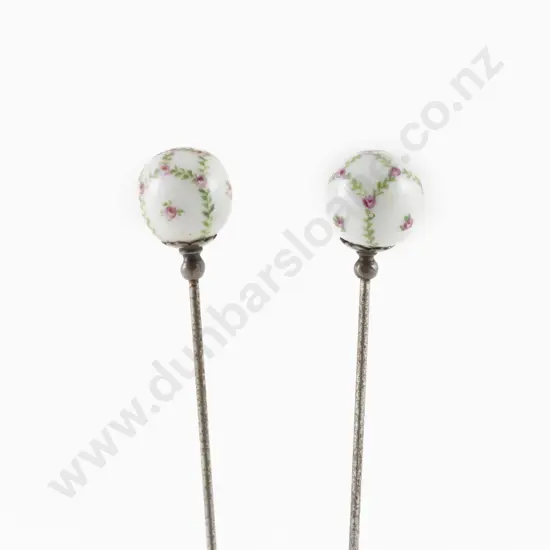 Pair Late Victorian China Floral Painted Ball Hat Pins