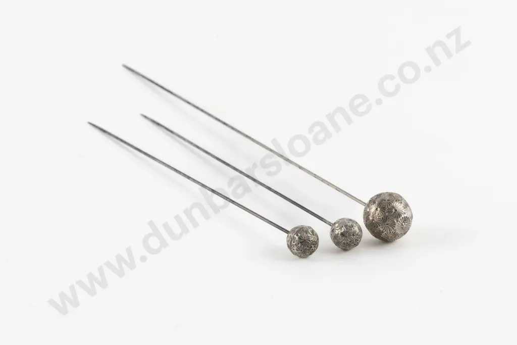 Pair & Single Edwardian Chased Silver Ball Hat Pins Image 1++