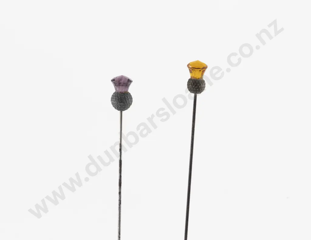 Two Late Victorian Silver Amber and Amethyst Glass Thistle Hat Pins Image 1++