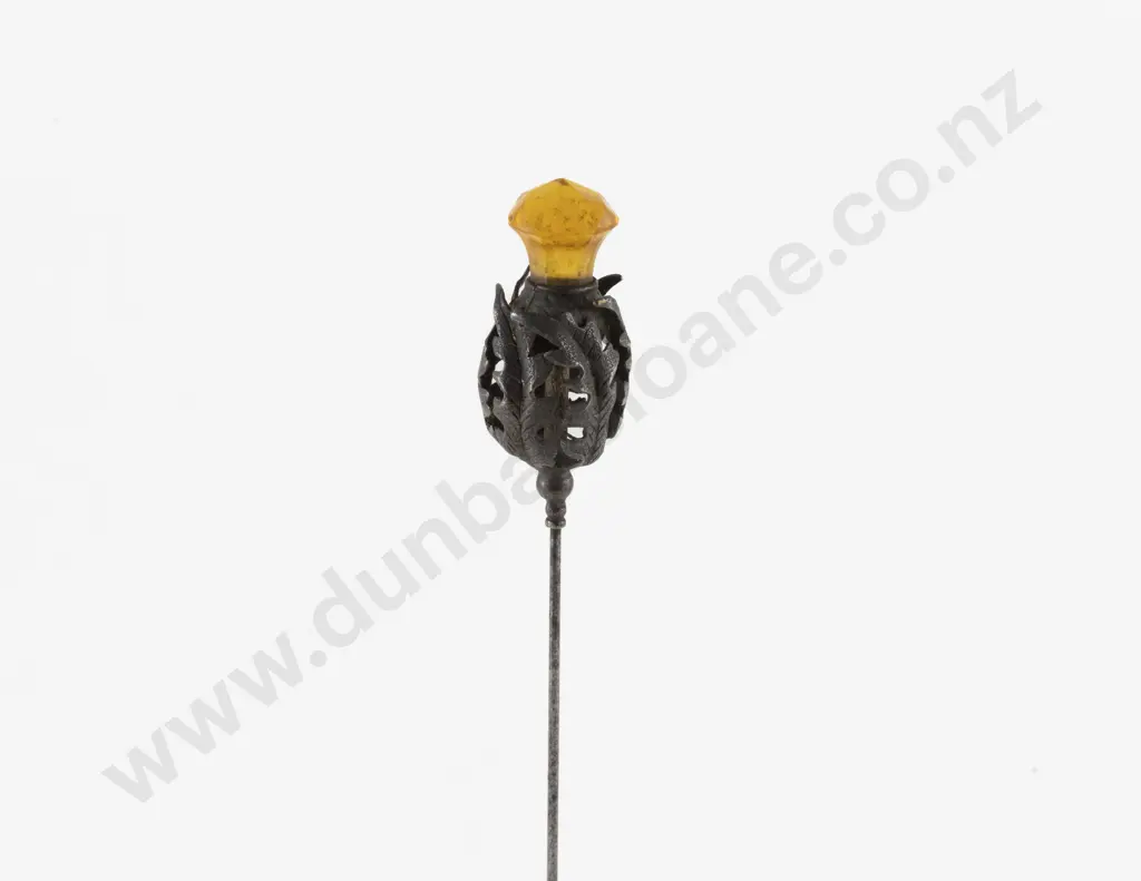 Late Victorian Silver Plate Amber Glass Thistle Hat Pin Image 1++