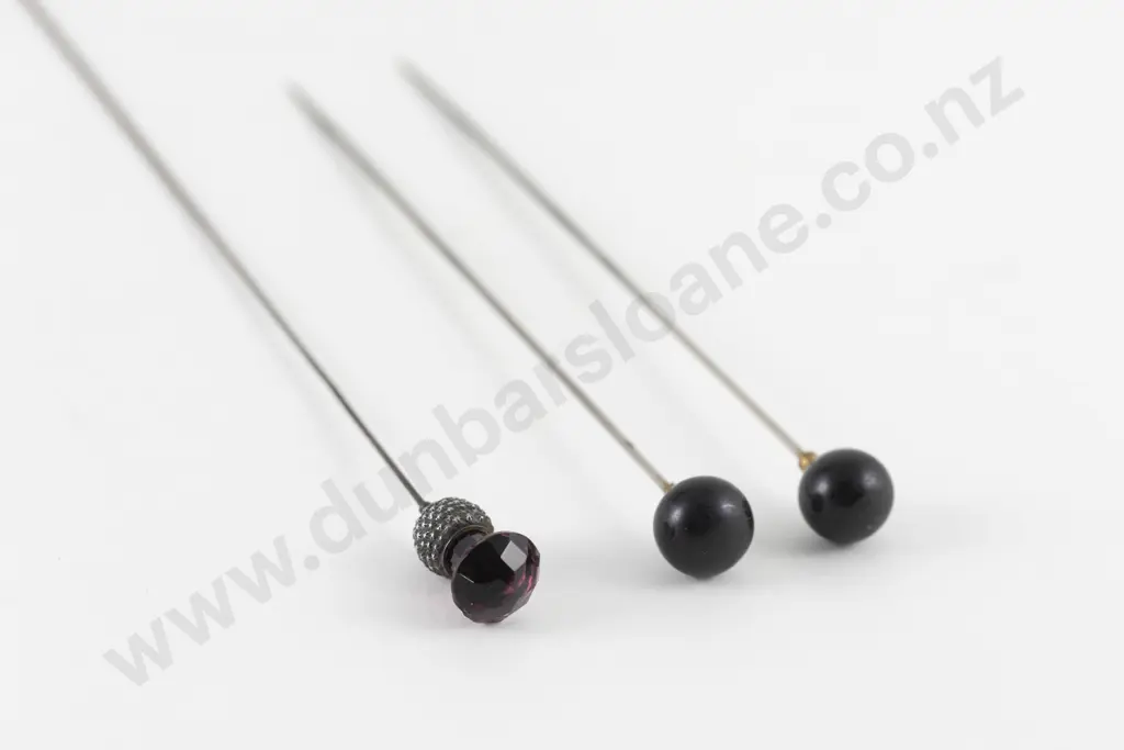 Late Victorian Silver Amethyst Glass Thistle Hat Pin with Pair Black Glass Ball Pins Image 1++