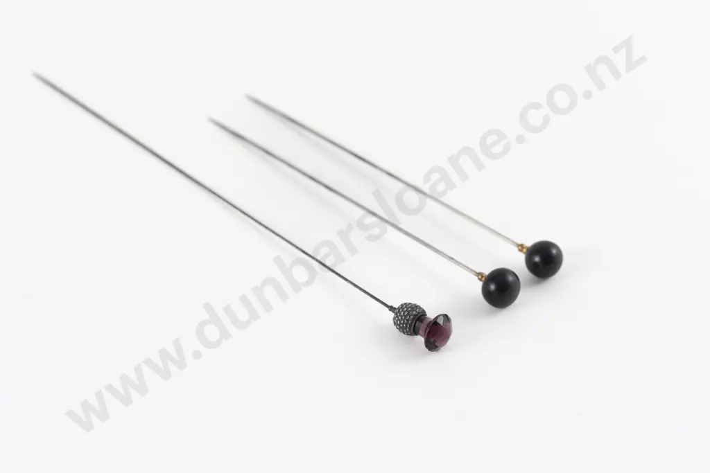 Late Victorian Silver Amethyst Glass Thistle Hat Pin with Pair Black Glass Ball Pins Image 1++