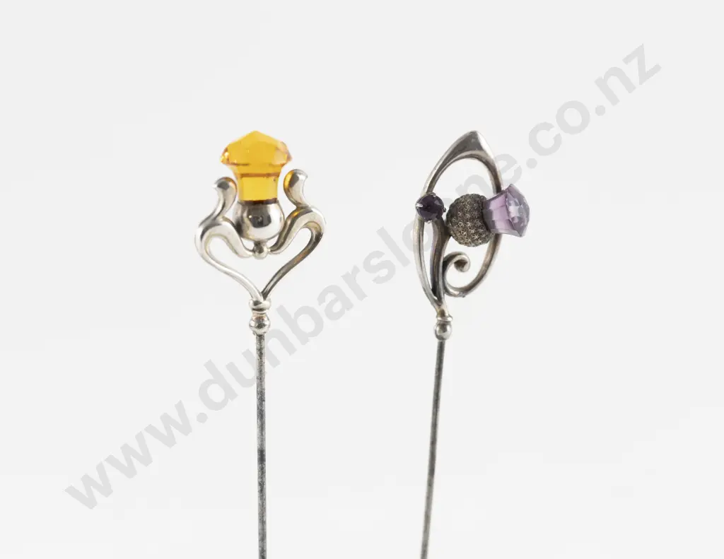 Edwardian S/S Amber and Amethyst Glass Thistle Hat Pins Image 1++