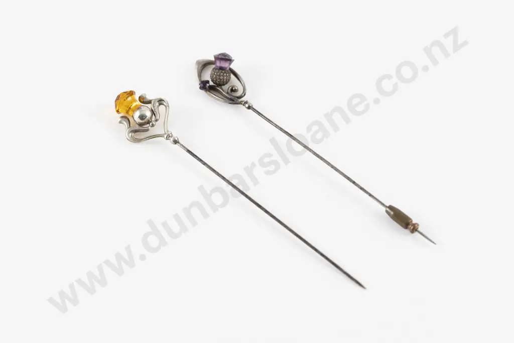 Edwardian S/S Amber and Amethyst Glass Thistle Hat Pins Image 1++