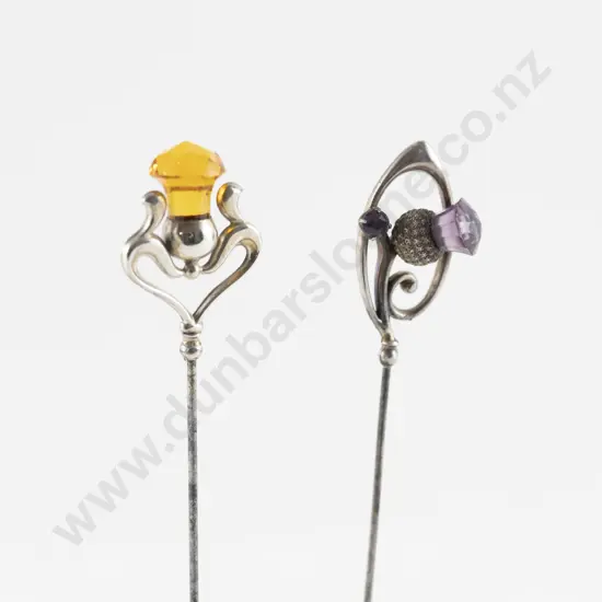 Edwardian S/S Amber and Amethyst Glass Thistle Hat Pins