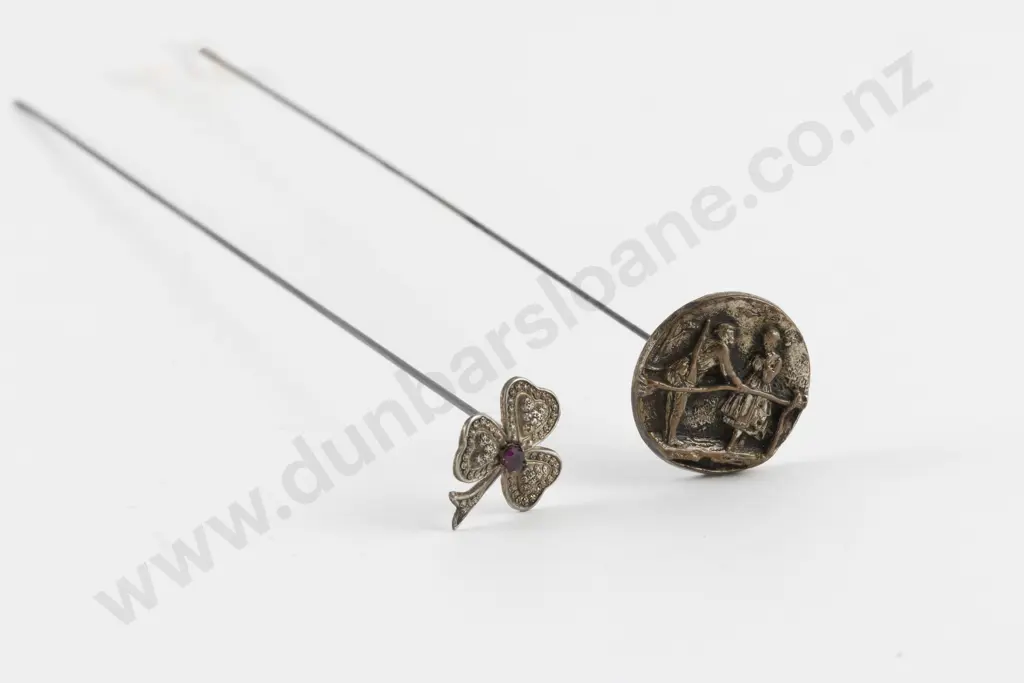 Late Victorian Embossed Metal 'Story' Button Hat Pin Image 1++
