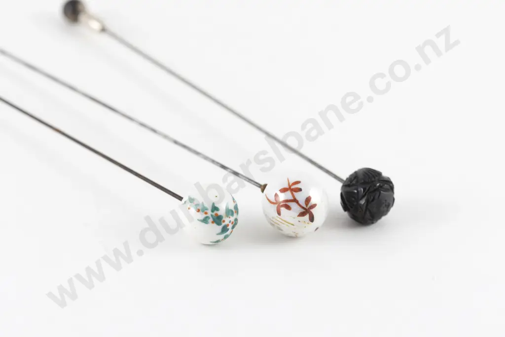 Two Late Victorian Painted China Ball Hat Pins Image 1++