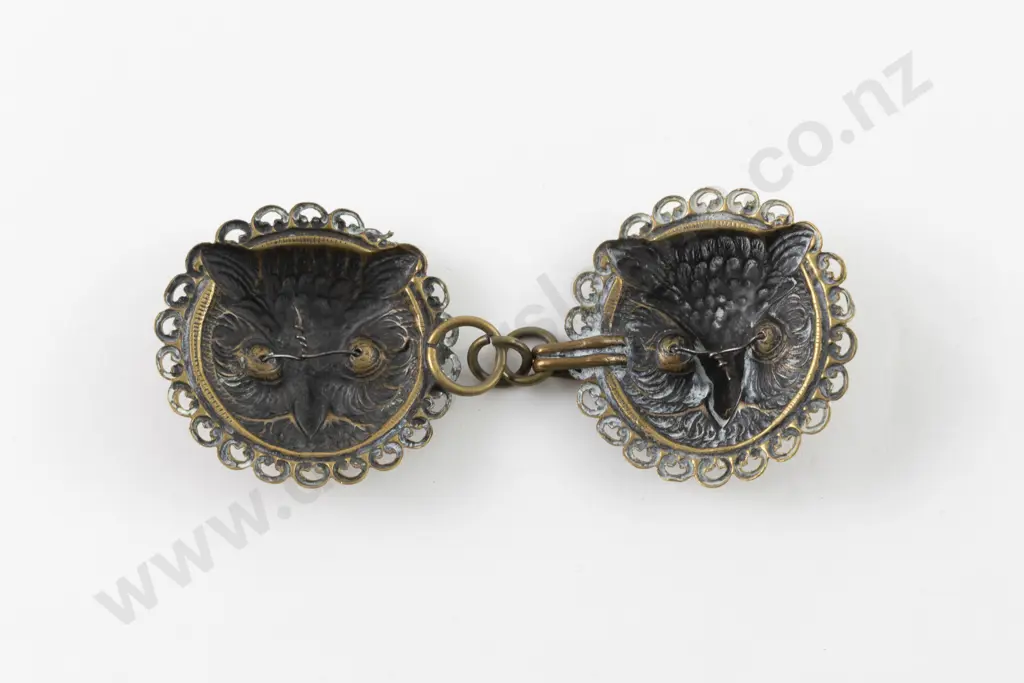 Edwardian Pressed Brass Metal Owl Head 2pce Buckle/Clasp Image 1++