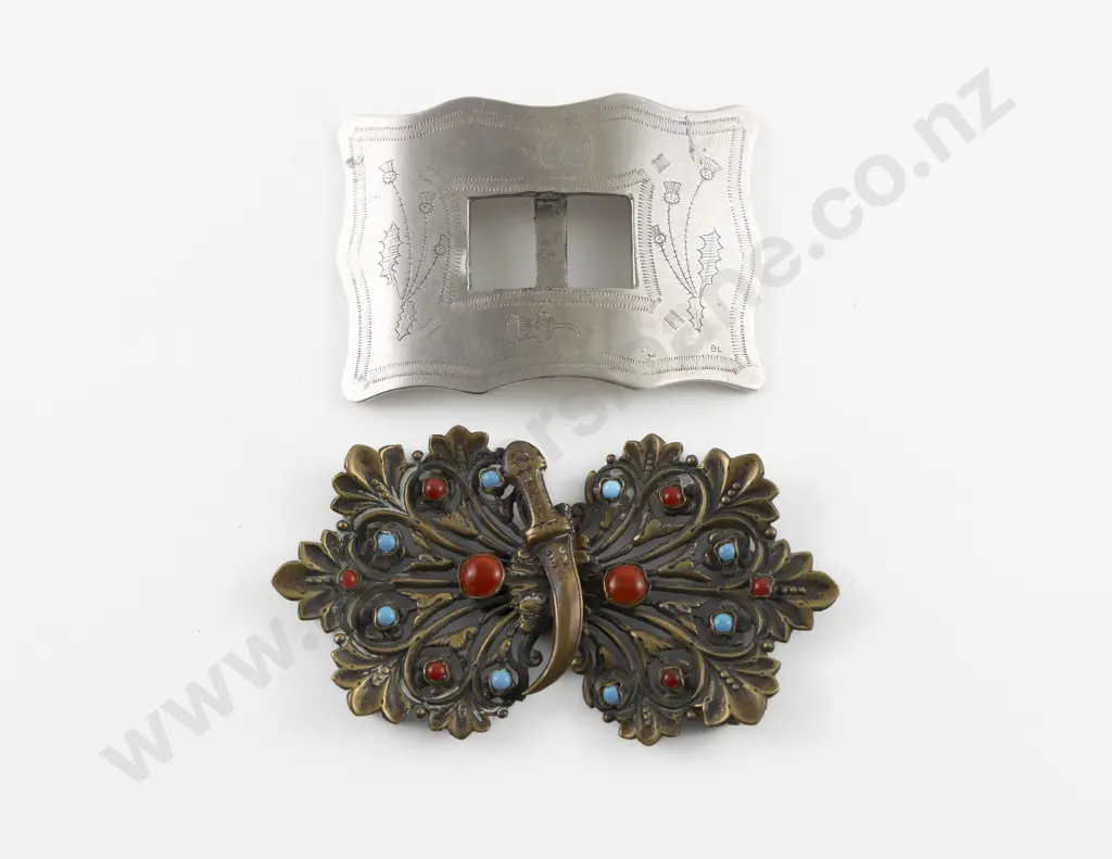 Art Nouveau Pressed Gilt and Gem Belt Buckle and S/Plate Buckle Image 1++