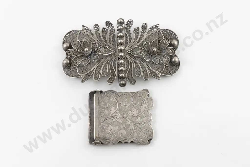 Late C19th Ornate Silver Filigree Buckle and Clip Image 1++