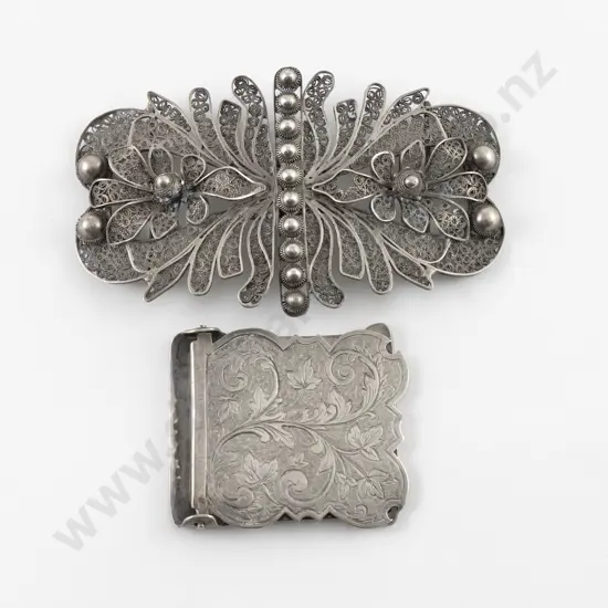 Late C19th Ornate Silver Filigree Buckle and Clip