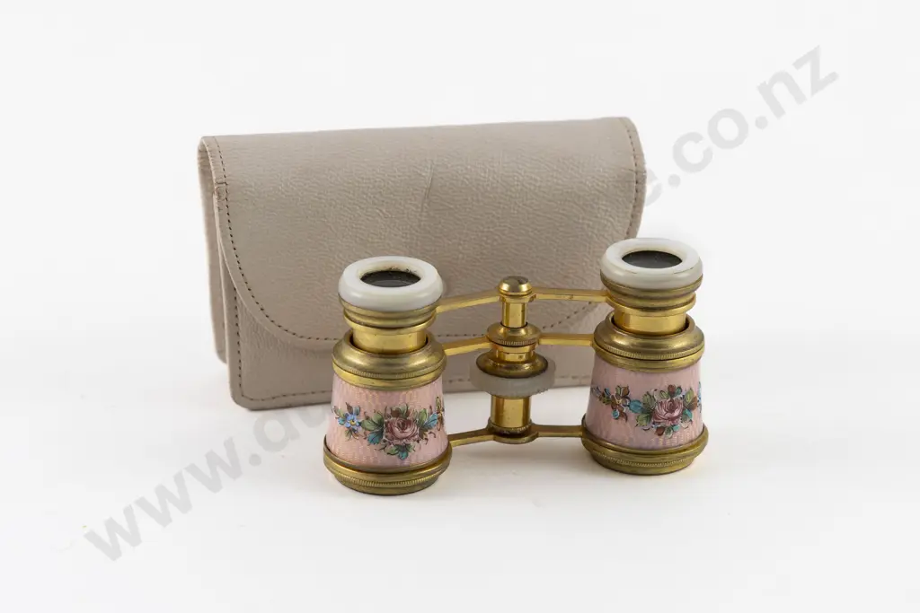 Cased Pair French Pink Guilloche Enamel and MOP Opera Glasses Image 1++