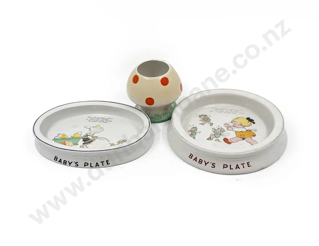 Shelley Mable Lucie Attwell Two Childs Plates and Muschroom Vase Image 1++