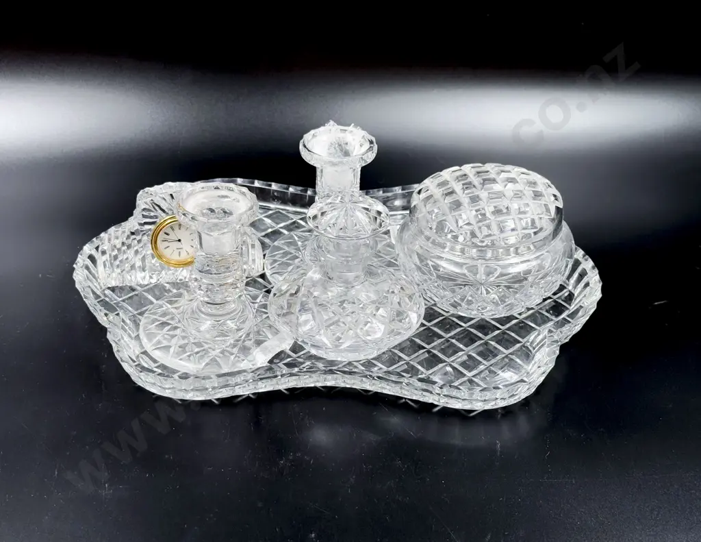 Crystal Vanity Tray With Pots Pair of Candle Sticks and Clock Image 1++