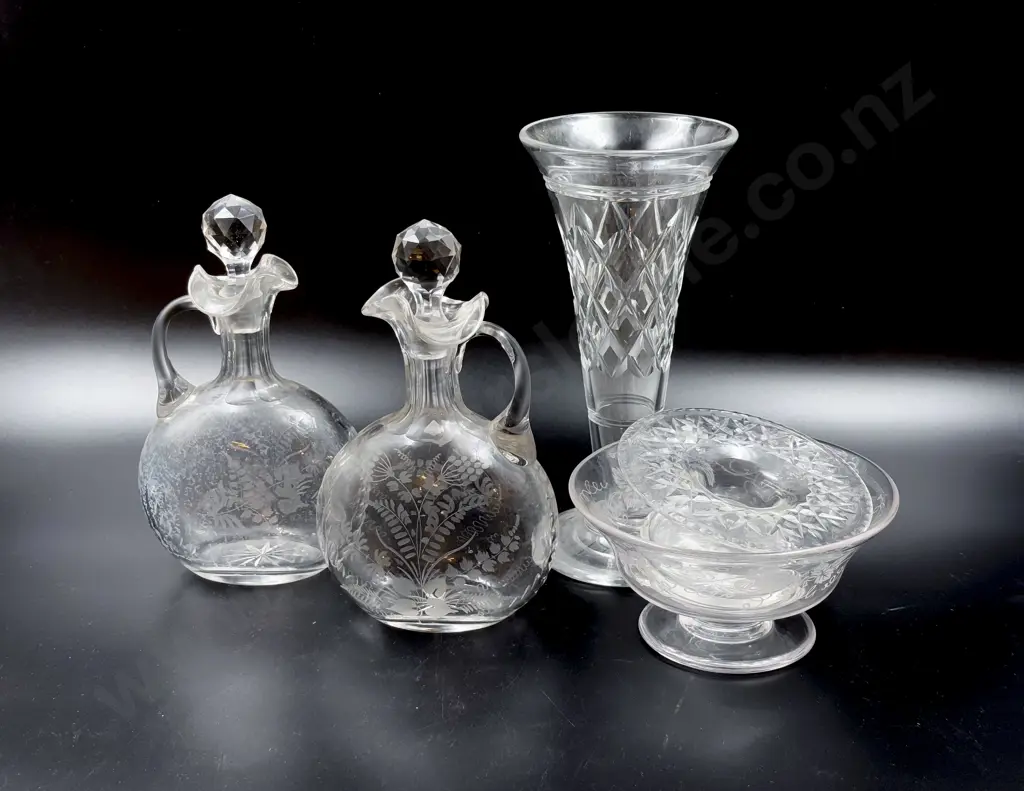 Pair of Wine Decanters with Small Fruit Bowl and Two Vases Image 1++