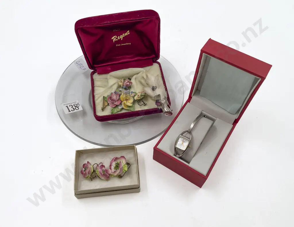 Floral China Two Brooches and Earrings Grouse Claw and Ann Klein Wrist Watch Image 1++