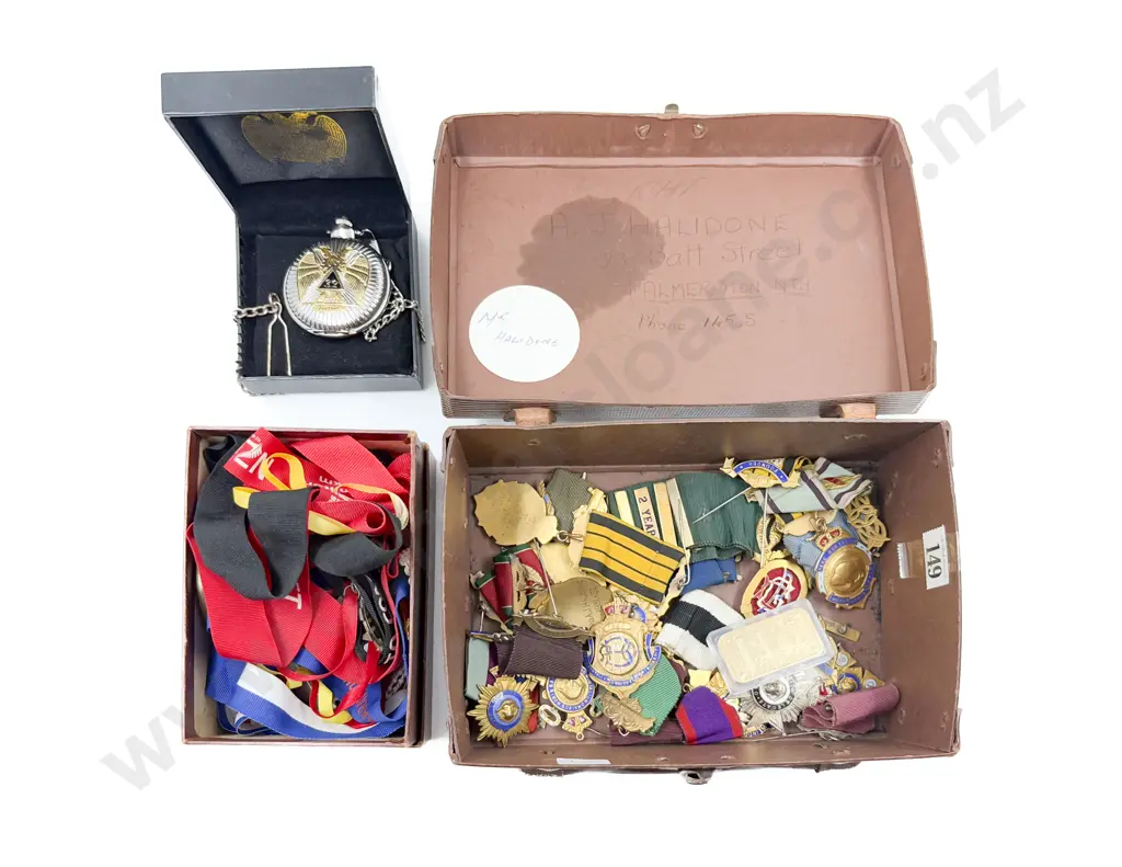 Good Qty of Brass Metal Masonic Badges with Games Medallions and Pocket Watch Image 1++