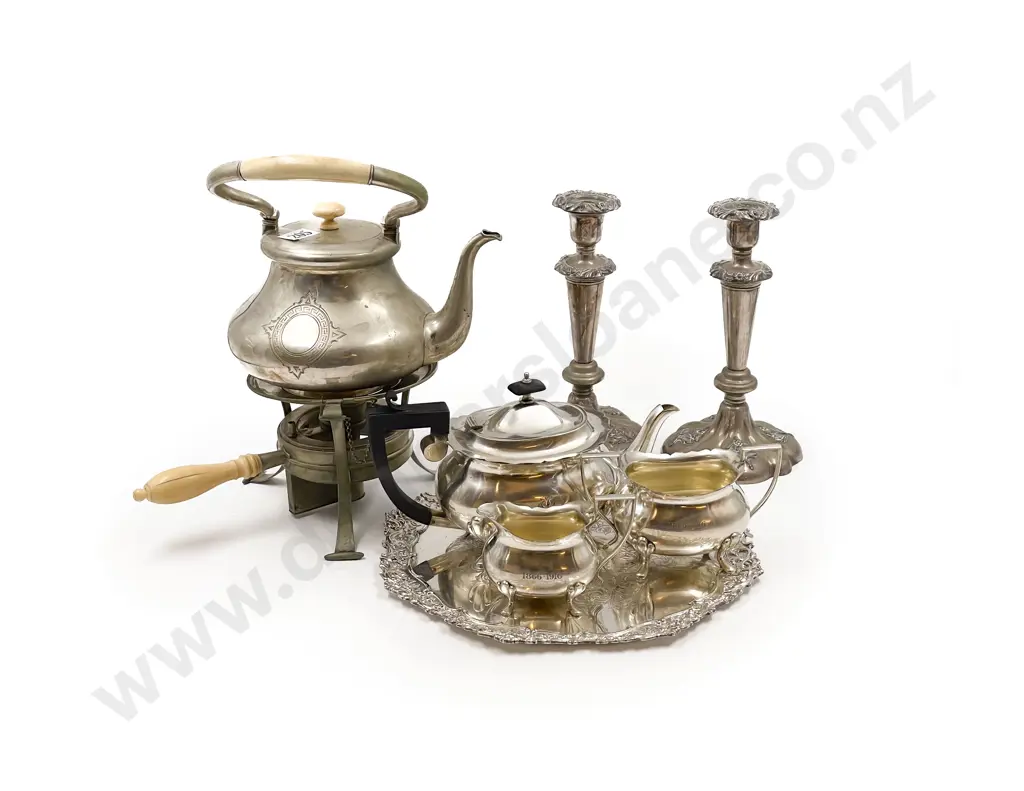 S/P Three Piece Tea Set Incl. Tray and Candlesticks Image 1++