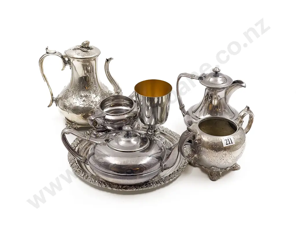Four Piece S/P Tea Set with Coffee Pot Goblet and Tray Image 1++