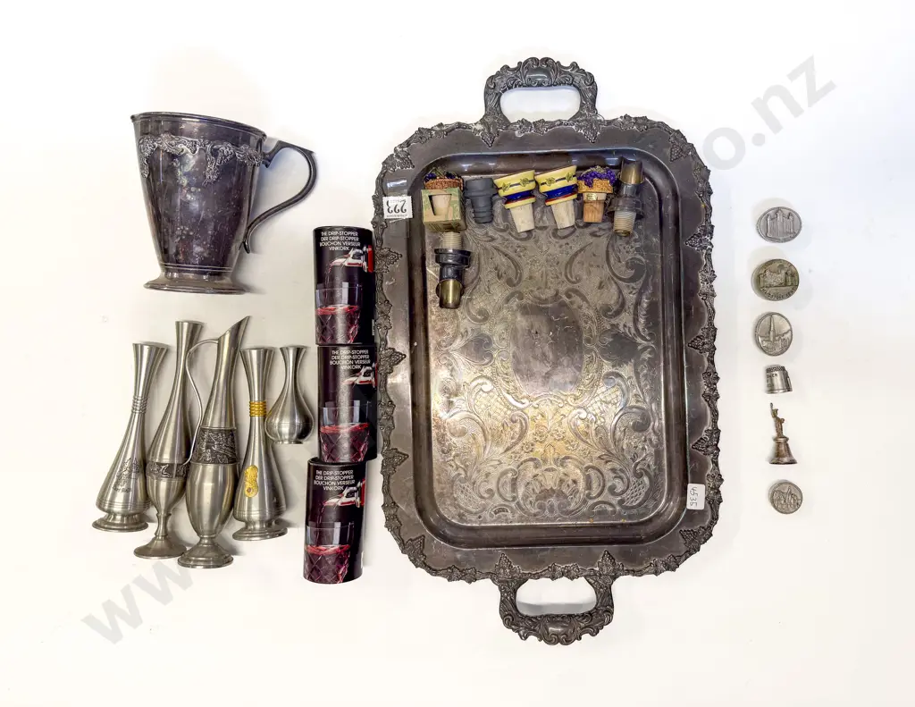 Various Decanter Stoppers with S/P Tray Jug and Pewter Vases Image 1++