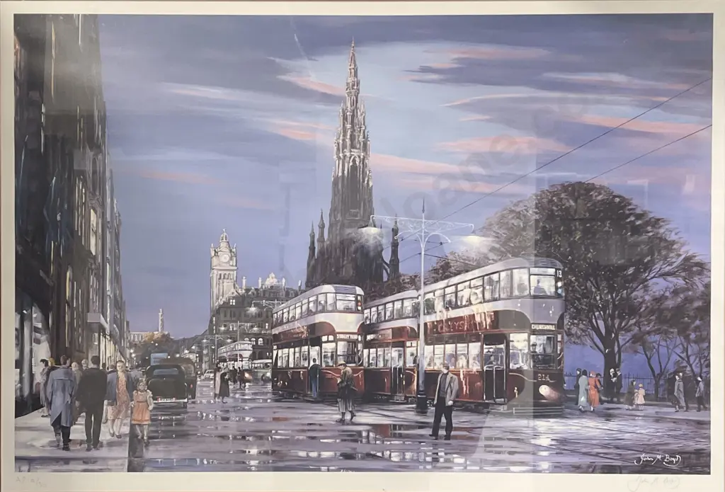 John M Boyd (Scottish b 1942) - Trams On Princes Street Image 1++