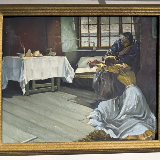 Unsigned Oil of Classical Scene Painted to Reverse of Industrial Scene