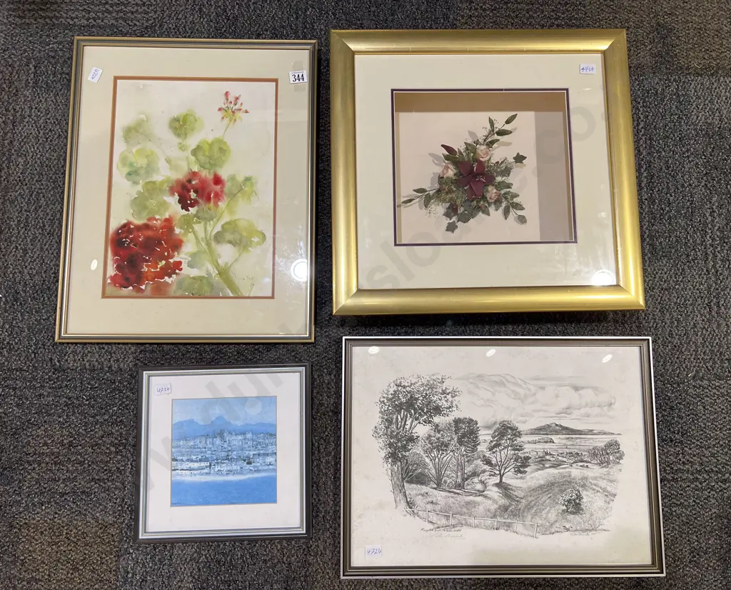 Framed Floral Diorama together with Floral Still Life & Two Prints Image 1++