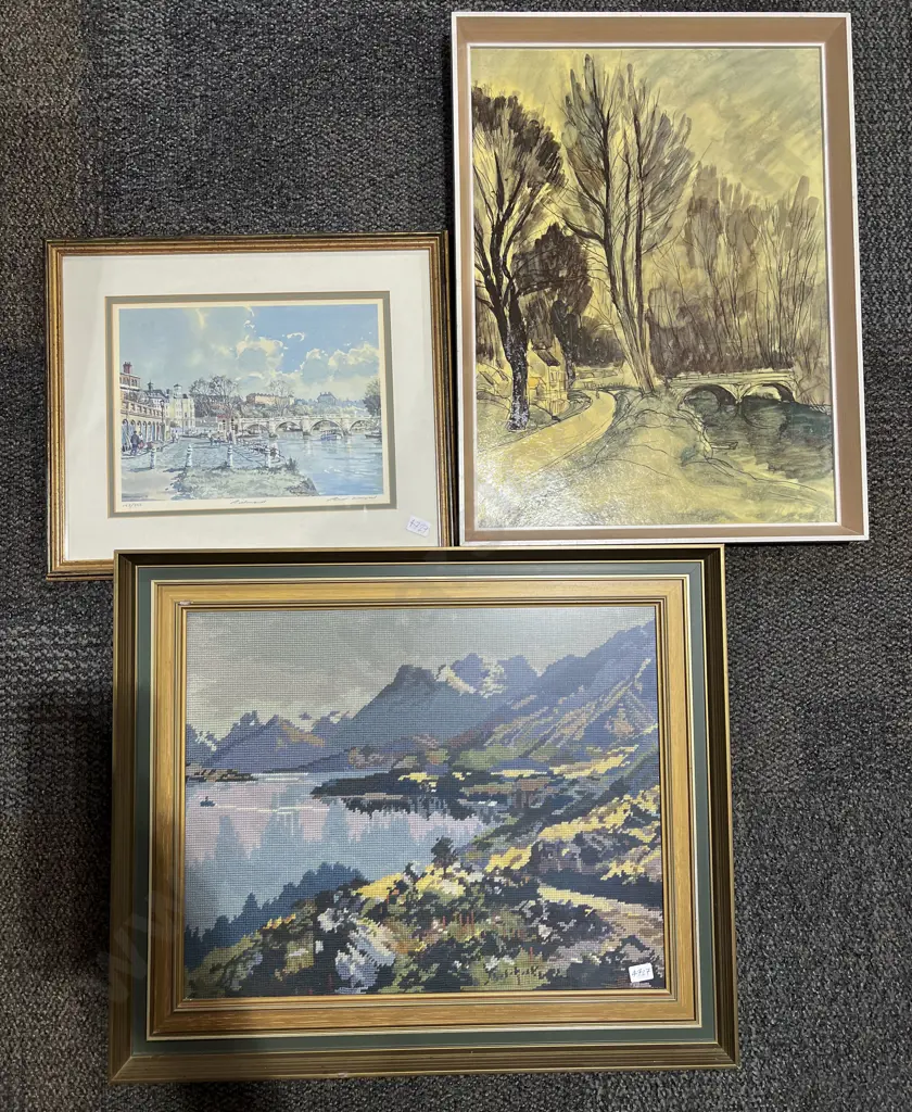 Framed Needlepoint Work & Two Prints Image 1++
