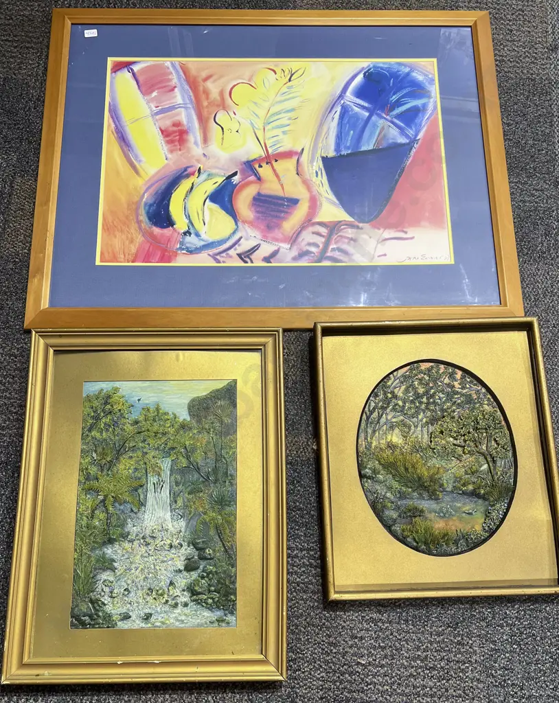Jane Evans Print together with Two Textured Artworks Image 1++