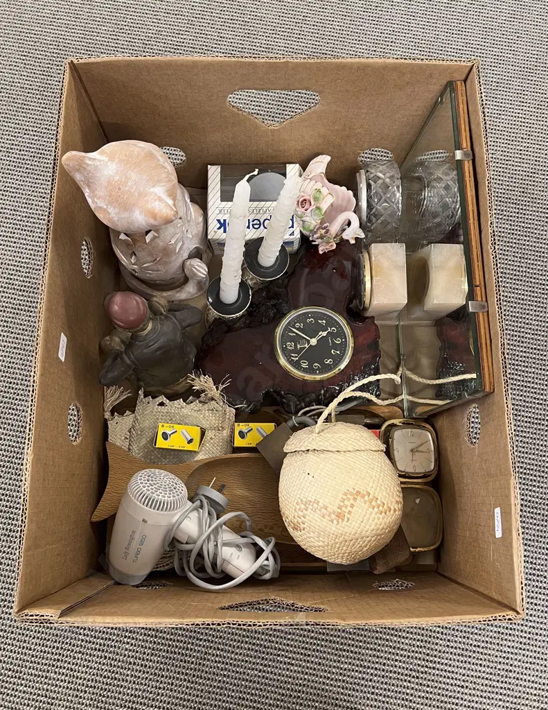 Box of Assorted Ornaments & Clocks etc Image 1++