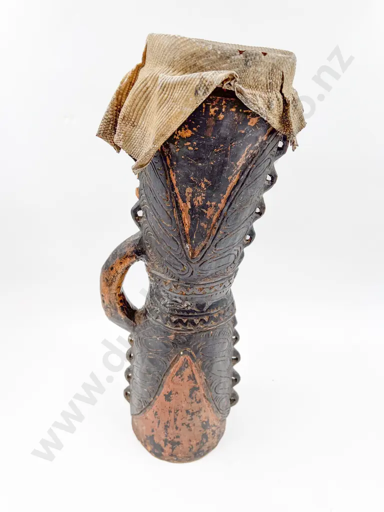 Handled Tribal Drum with Snakeskin Top Image 1++
