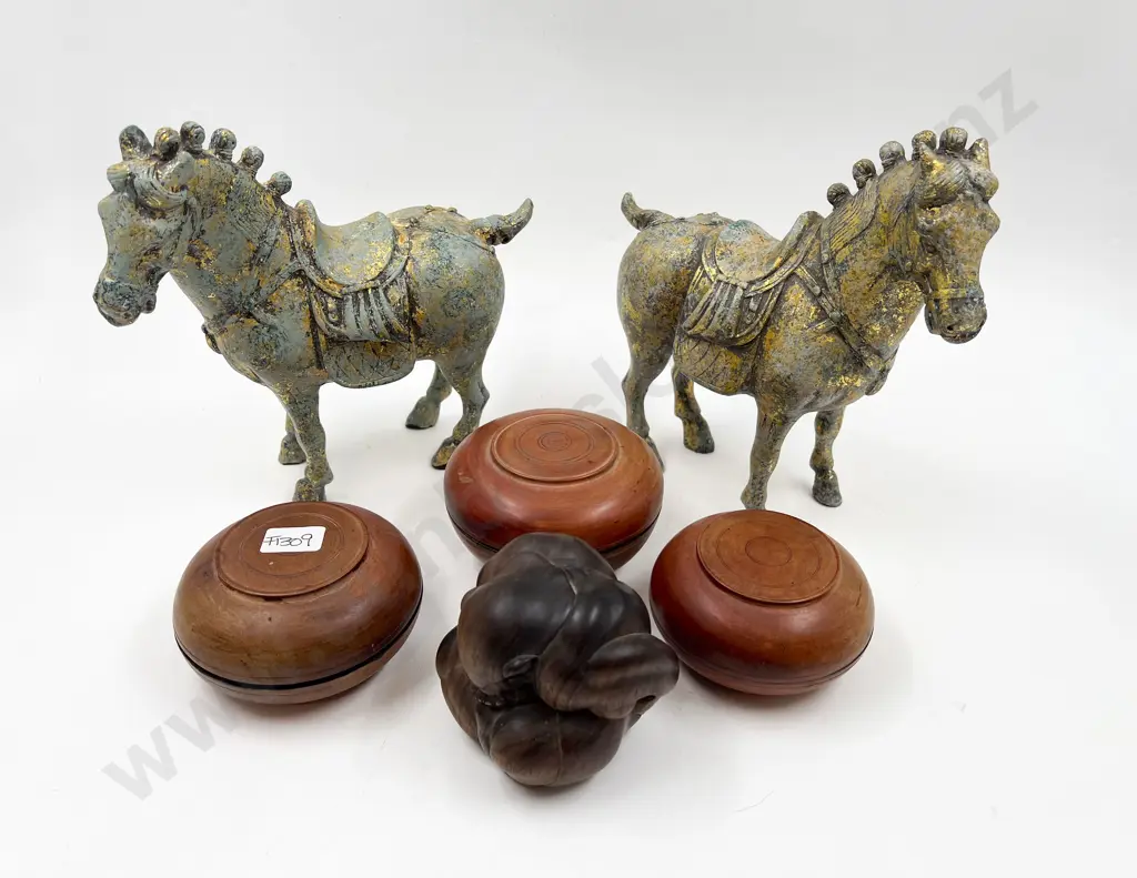 Three Treen Trinket Boxes together with Pair of Horses & Other Image 1++