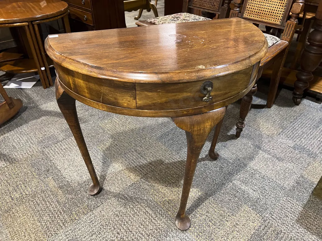 Demi Lune Single Drawer Hall Table on Cabriole Legs Image 1++