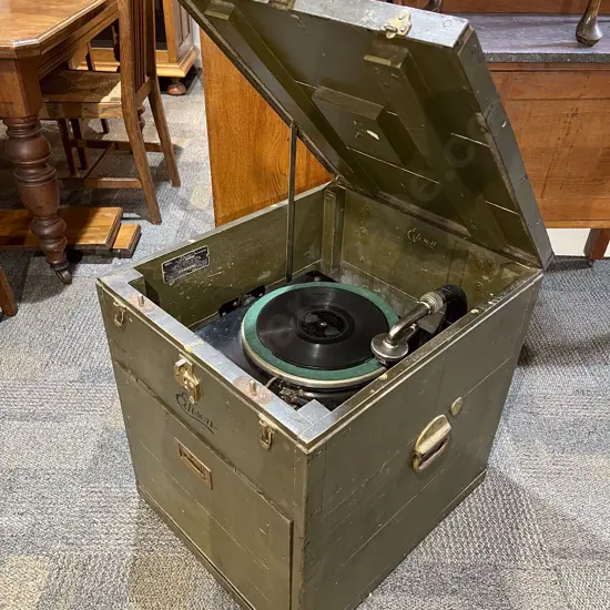 Vintage WWI Military Edison Phonograph in Branded Travel Crate