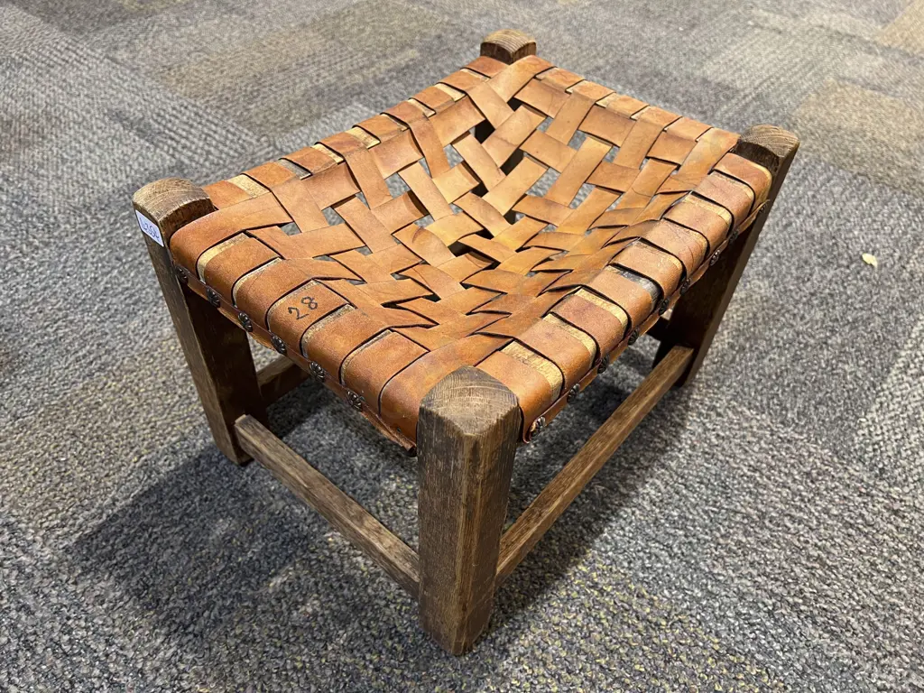Oak Leather Strap Top Footstool Image 1++