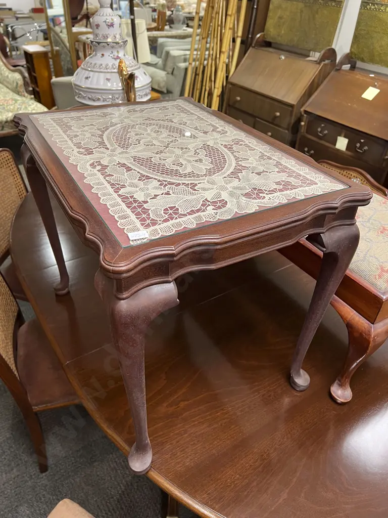 Mahogany Glass Top Coffee Table with Lace Insert Image 1++