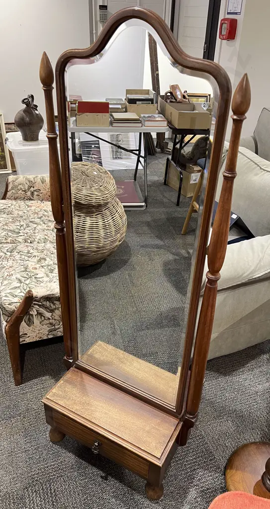 Bevelled Cheval Mirror with Single Drawer to Base Image 1++