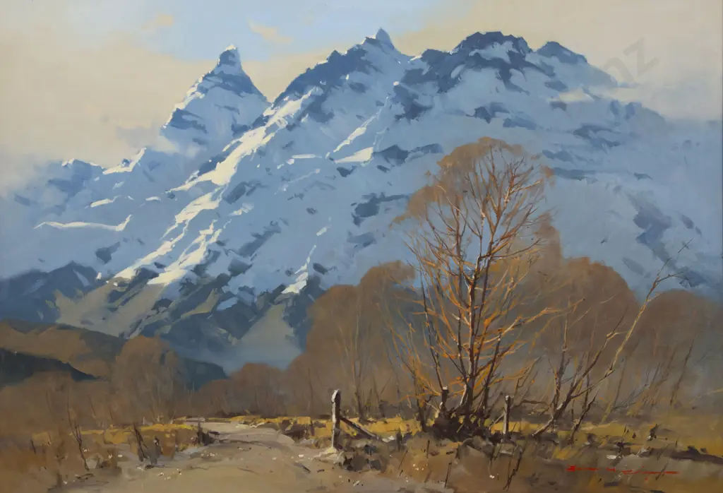 John Crump (b 1943) - Mt Pluto & Mt Earnslaw from the Dart Valley Image 1++
